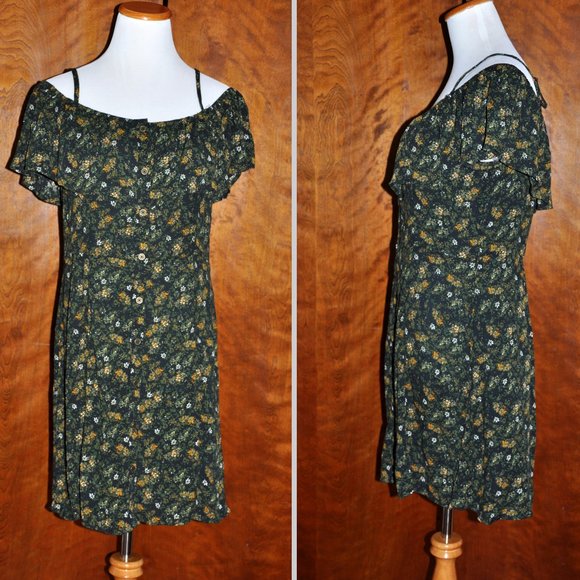 Mossimo Dark Green Floral Off Shoulder Flutter Sleeve Sun Dress Size L - Picture 1 of 9